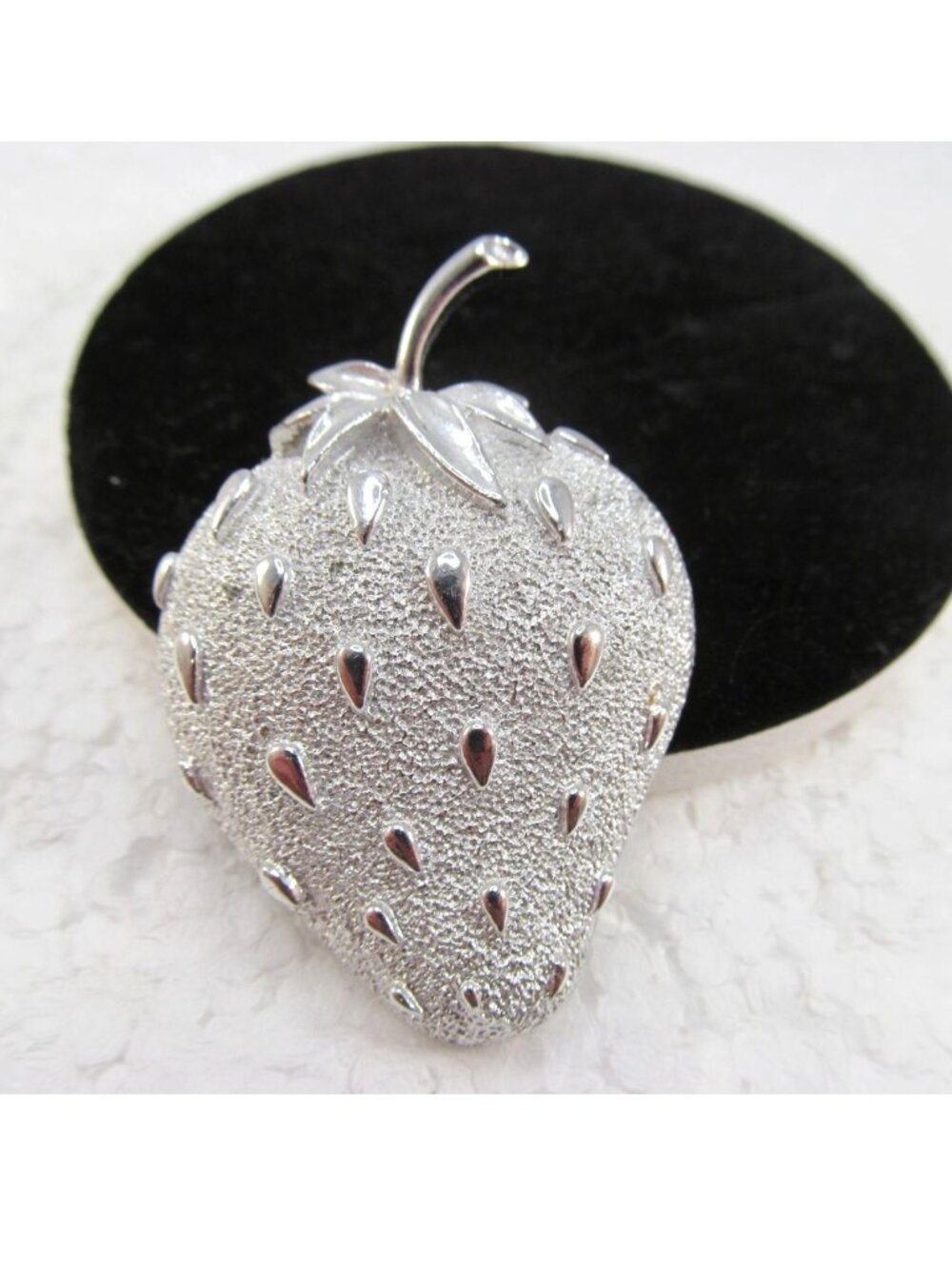 Vintage 1960s Signed Sarah Cov Strawberry Pin Silver Tone Textured Metal Brooch